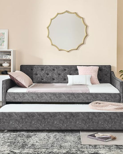 Full Size Daybed with win Size Trundle, Upholstered Tufted Day Bed, with Button Back and Waved Shape Arms, Wood Slat Support, No Spring Box Need, for Bedroom, Livingroom, Grey - LeafyLoom