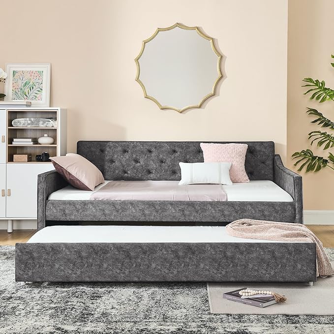 Full Size Daybed with win Size Trundle, Upholstered Tufted Day Bed, with Button Back and Waved Shape Arms, Wood Slat Support, No Spring Box Need, for Bedroom, Livingroom, Grey - LeafyLoom