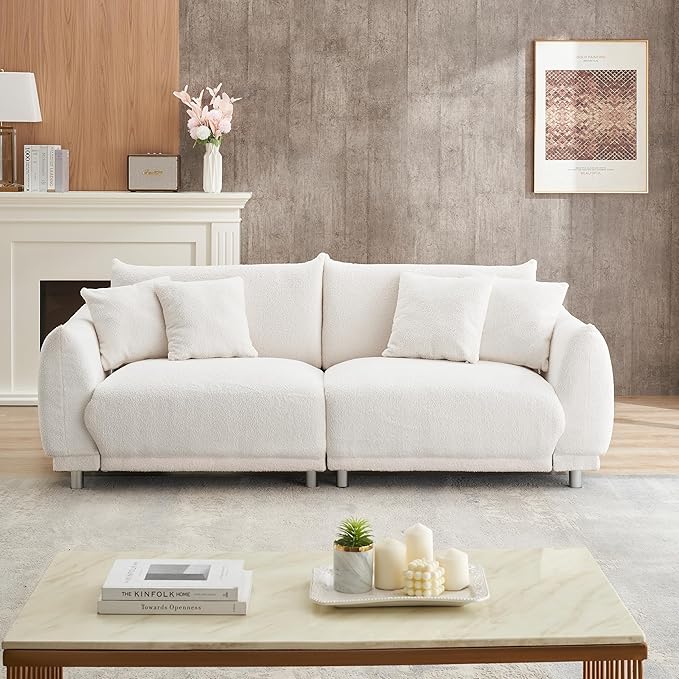 Modular Teddy Fleece Cloud 3 Seater Sofa Deep Seat Upholstered W/Metal Legs, Comfy Leisure Couch Beautiful Shape Bread Sofa&Couch with 4 Pillows for Living Room, 86.6", Beige-1658 - LeafyLoom