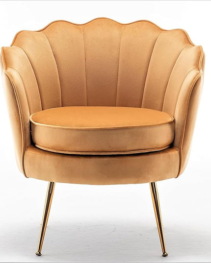 Velvet Barrel Accent Chair with Scalloped Silhouette and Gold Metal Legs, Decorative Piece Suitable for Traditional, Modern, and Contemporary Spaces, Mustard Yellow - LeafyLoom