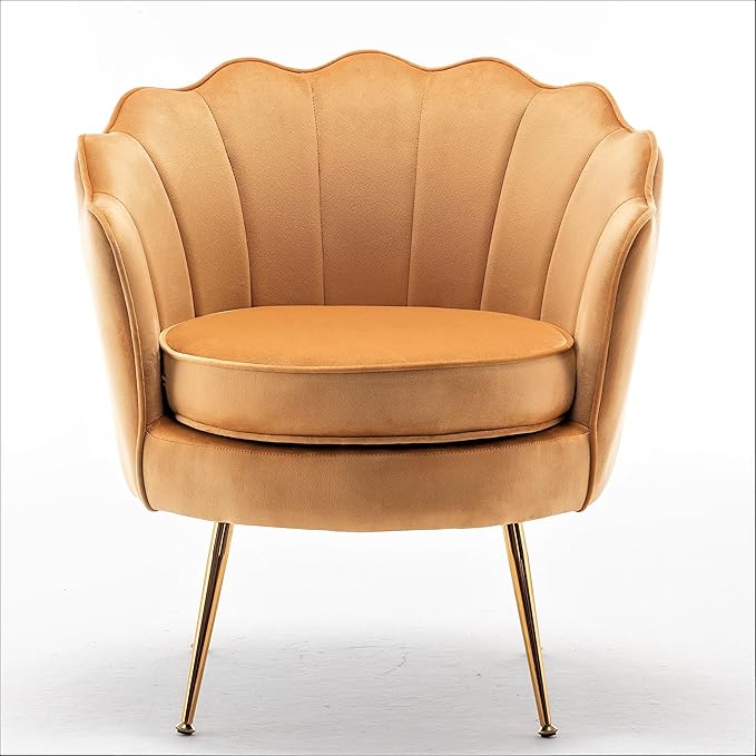 Velvet Barrel Accent Chair with Scalloped Silhouette and Gold Metal Legs, Decorative Piece Suitable for Traditional, Modern, and Contemporary Spaces, Mustard Yellow - LeafyLoom