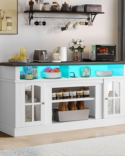 YITAHOME Farmhouse Sideboard Buffet Cabinet with Power Outlet, 58'' LED Coffee Bar Storage Cabinets with Adjustable Shelves and Glass Doors, Wood Rustic Accent Cabinet for Dinning Room, White & Black - LeafyLoom