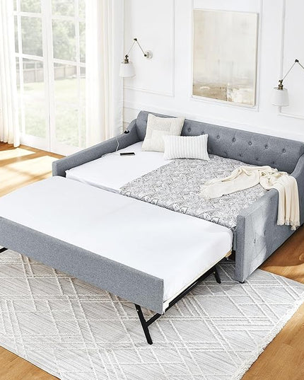 Full Size Upholstery modern linen Daybed, Trundle sofaBed,Armrest with USB charging end pull out Button Tufted Armrest side with pocket,for Bedroom Living Room - LeafyLoom