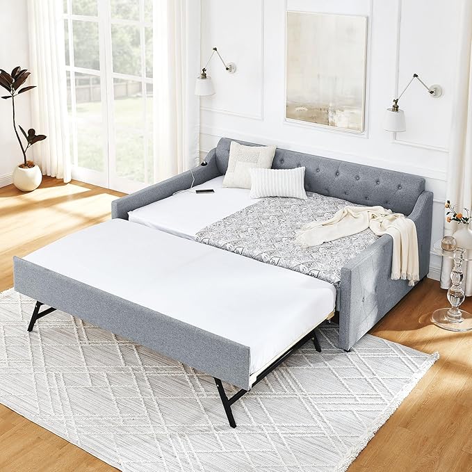Full Size Upholstery modern linen Daybed, Trundle sofaBed,Armrest with USB charging end pull out Button Tufted Armrest side with pocket,for Bedroom Living Room - LeafyLoom