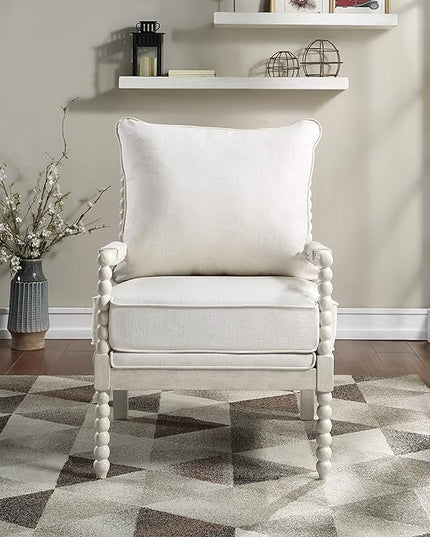 OSP Home Furnishings Kaylee Spindle Accent Chair with Antique Wood Frame, 26.5” W x 32.25” D x 37” H, White Linen Fabric - LeafyLoom