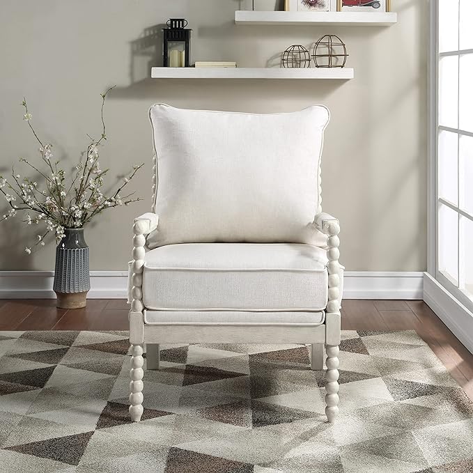 OSP Home Furnishings Kaylee Spindle Accent Chair with Antique Wood Frame, 26.5” W x 32.25” D x 37” H, White Linen Fabric - LeafyLoom