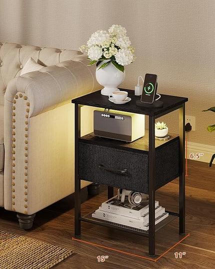 Night Stand Set 2, End Table with Charging Station, LED Bedside Table with Fabric Drawer for Bedroom, 3-Tier Side Table with Open Shelf, Black - LeafyLoom