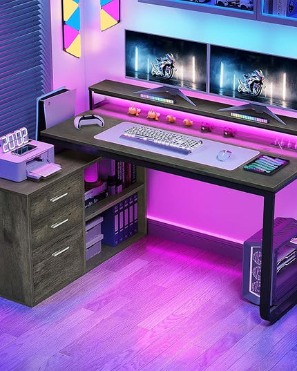 YITAHOME L Shaped Desk with Drawers, 55" Corner Computer Desk with Power Outlets, L-Shaped Desk with LED Lights & File Cabinet for Home Office, Grey - LeafyLoom