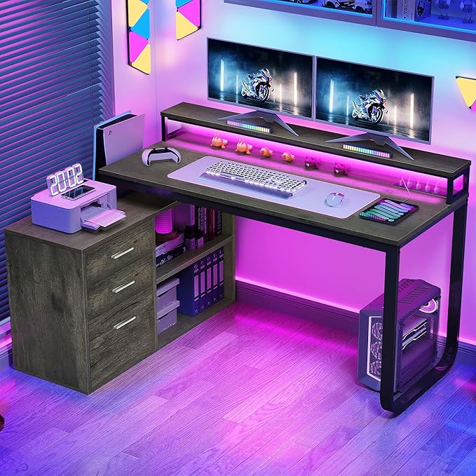 YITAHOME L Shaped Desk with Drawers, 55" Corner Computer Desk with Power Outlets, L-Shaped Desk with LED Lights & File Cabinet for Home Office, Grey - LeafyLoom