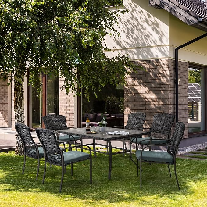 Patio Dining Set for 6, 7 PCS Patio Table & Chair Set, Metal Slatted Table with 2" Umbrella Hole, All-Weather Wicker Patio Dining Furniture with Removable Cushions for Deck, Lawn, Garden(Green) - LeafyLoom