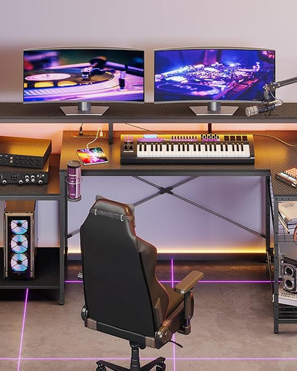 Bestier Gaming Desk with Power Outlet, 71.5 inch LED Computer Desk with Monitor Stand, L Shaped Large Desk with Metal Shelf, Cup Holder & Headset Hooks, Corner Desk for Bedroom 3D Carbon Fiber - LeafyLoom