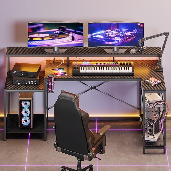 Bestier Gaming Desk with Power Outlet, 71.5 inch LED Computer Desk with Monitor Stand, L Shaped Large Desk with Metal Shelf, Cup Holder & Headset Hooks, Corner Desk for Bedroom 3D Carbon Fiber - LeafyLoom
