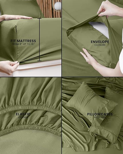 Utopia Bedding Queen Bed Sheets Set - 4 Piece Bedding - Brushed Microfiber - Shrinkage and Fade Resistant - Easy Care (Queen, Olive) - LeafyLoom