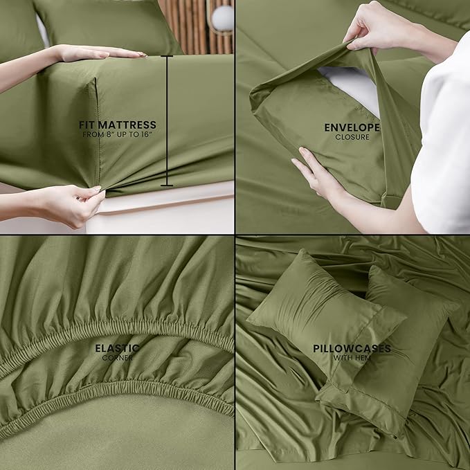 Utopia Bedding Queen Bed Sheets Set - 4 Piece Bedding - Brushed Microfiber - Shrinkage and Fade Resistant - Easy Care (Queen, Olive) - LeafyLoom