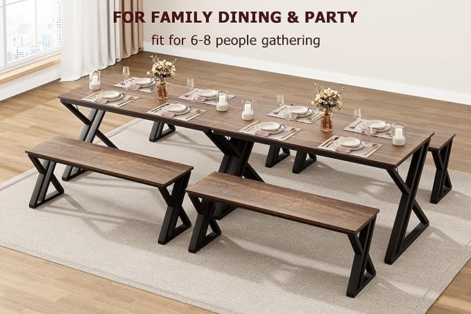 IDEALHOUSE Kitchen Table with Benches, Dining Table Benches Set for 4, Rectangular Kitchen Table Set with Sturdy Metal Frame, Saving Space for Kitchen, Dining Room, Apartment, 44.8", Retro Brown - LeafyLoom