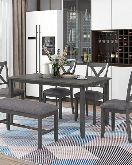 6-Piece Classic Dinette Sets Rectangular Wooden Kitchen Dining Table, 4 Fabric Chairs & Bench, for Diningroom Living Room, Easy to Assemble, Gray 6 - LeafyLoom
