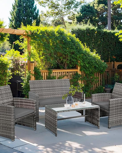 Shintenchi 4-Piece Outdoor Gray Wicker Patio Conversation Furniture Set, Rattan Patio Furniture Set with Weather Resistant Cushions and Tempered Glass Tabletop,Grey - LeafyLoom