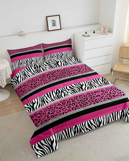 Zebra Stripes Comforter Leopard Print Comforter Set For Kids Boys Girls Pink Black White Zebra Leopard Fur Bedding Set Ultra Soft Decor Wild Animal Skin Texture Pattern Duvet Set Twin Size Quilt Set - LeafyLoom