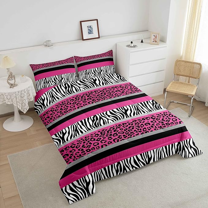 Zebra Stripes Comforter Leopard Print Comforter Set For Kids Boys Girls Pink Black White Zebra Leopard Fur Bedding Set Ultra Soft Decor Wild Animal Skin Texture Pattern Duvet Set Twin Size Quilt Set - LeafyLoom