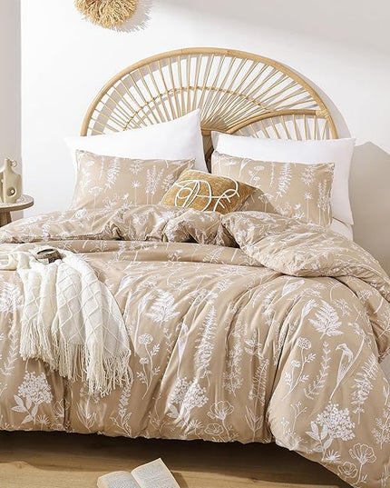 JANZAA Twin Comforter Taupe Comforter Set Floral Comforter Set Bedding Set White Flower Printed Lightweight Comforter with 1 Pillow Case for All Season Using - LeafyLoom