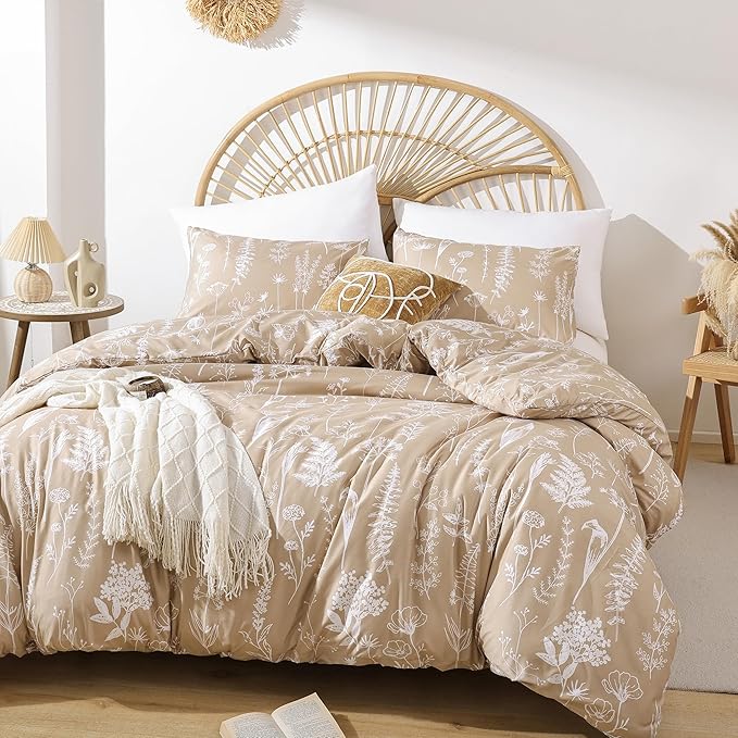 JANZAA Twin Comforter Taupe Comforter Set Floral Comforter Set Bedding Set White Flower Printed Lightweight Comforter with 1 Pillow Case for All Season Using - LeafyLoom