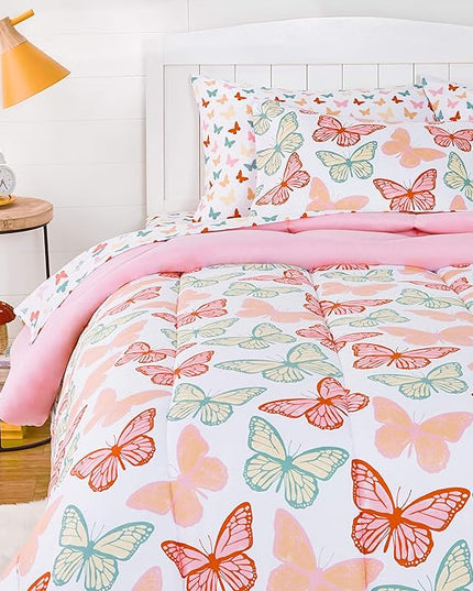 Amazon Basics Kid's Easy Care Microfiber Bed-in-a-Bag 5-Piece Bedding Set, Twin, Butterfly Friends - LeafyLoom