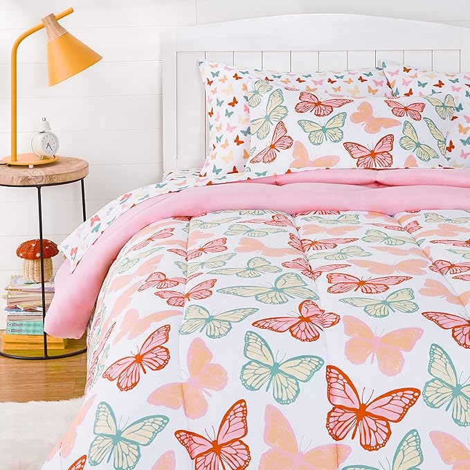 Amazon Basics Kid's Easy Care Microfiber Bed-in-a-Bag 5-Piece Bedding Set, Twin, Butterfly Friends - LeafyLoom