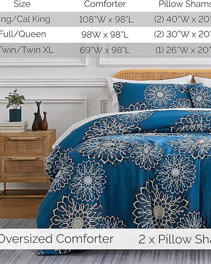 Southshore Fine Living, Inc. Oversized King Comforter Bedding Set, Down Alternative Boho Bedspread, Paisley Floral Comforter, King/California King with 2 Matching Shams, Midnight Floral Blue - LeafyLoom