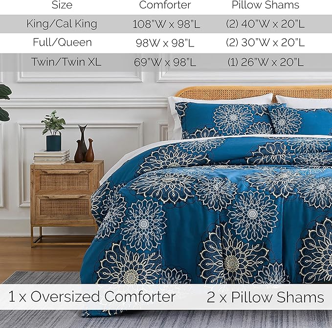 Southshore Fine Living, Inc. Oversized King Comforter Bedding Set, Down Alternative Boho Bedspread, Paisley Floral Comforter, King/California King with 2 Matching Shams, Midnight Floral Blue - LeafyLoom