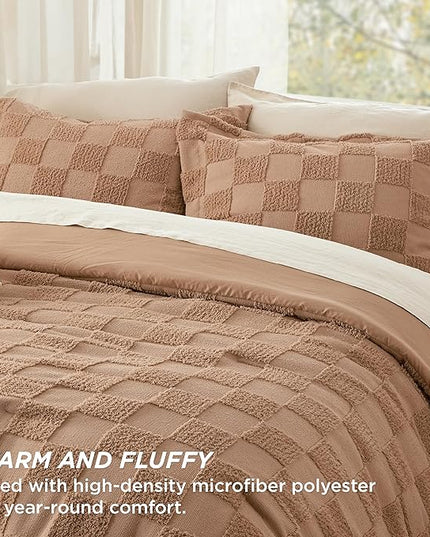 Bedsure Queen Size Comforter Set Taupe, Boho Tufted Bedding Comforter Set, Checkered Farmhouse Shabby Chic Bed Set, 3 Pieces, 1 Plaid Geometric Comforter and 2 Pillow Shams - LeafyLoom