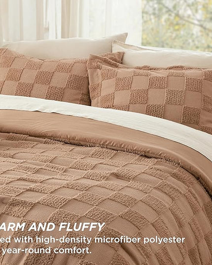 Bedsure King Size Comforter Set Taupe, Boho Tufted Bedding Comforter Set, Checkered Farmhouse Shabby Chic Bed Set, 3 Pieces, 1 Plaid Geometric Comforter and 2 Pillow Shams - LeafyLoom