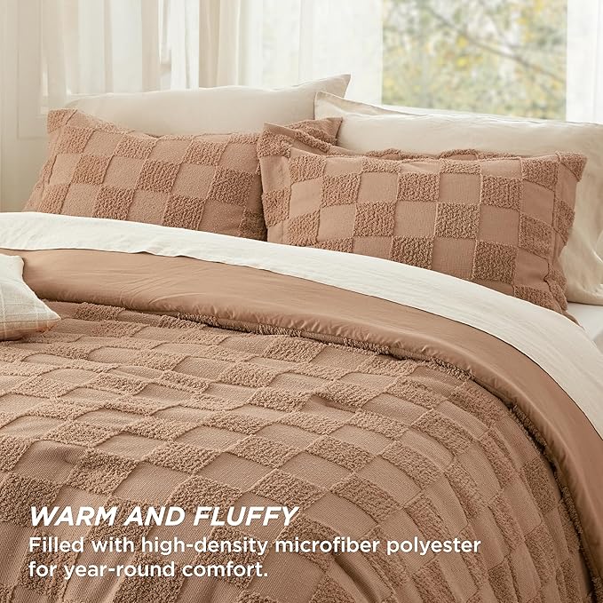 Bedsure King Size Comforter Set Taupe, Boho Tufted Bedding Comforter Set, Checkered Farmhouse Shabby Chic Bed Set, 3 Pieces, 1 Plaid Geometric Comforter and 2 Pillow Shams - LeafyLoom
