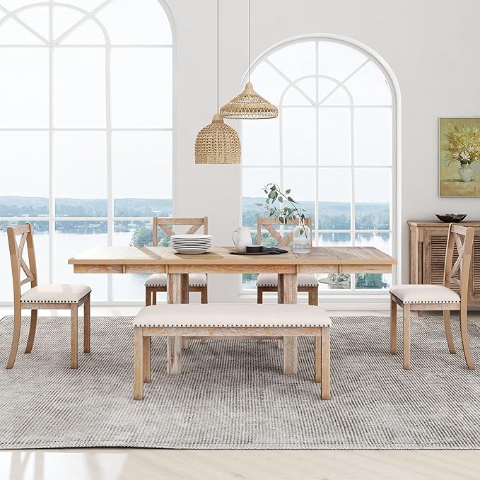 6-Piece Wood 82inch Extendable Dining Table Set with Two 11" Removable Leaves, 4 Upholstered Chairs and Bench, Farmhouse Style, Natural, 60"-82" L x 36" W x 30" H - LeafyLoom