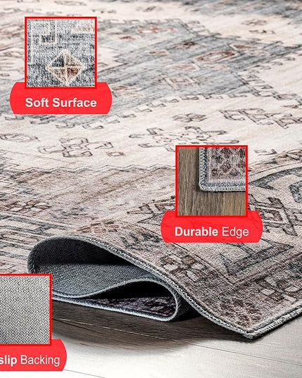 nuLOOM Emani Machine Washable Medallion Ultra Thin Area Rug, 8' x 10', Beige - LeafyLoom