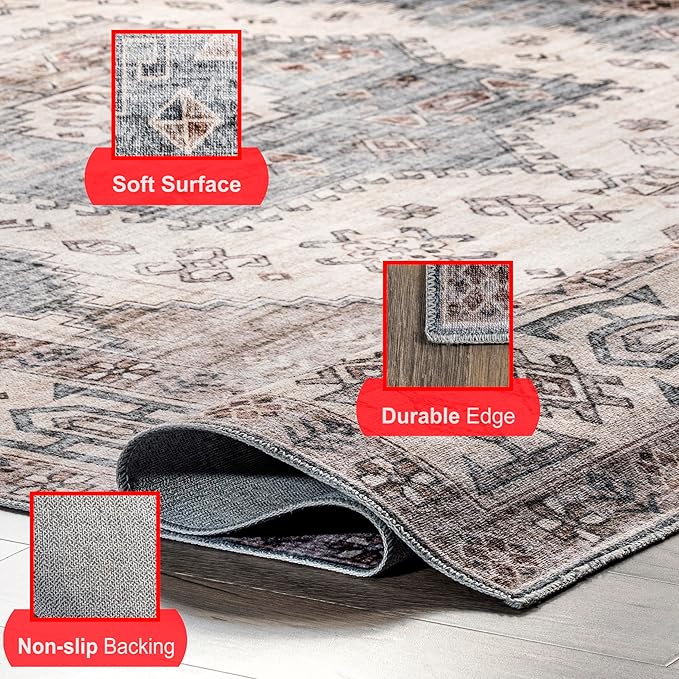 nuLOOM Emani Machine Washable Medallion Ultra Thin Area Rug, 8' x 10', Beige - LeafyLoom