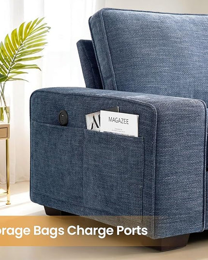 COHOME 100" L-Shaped Couch with Storage, Chenille Upholstered Deep Seat Couch for Living Room, Sofa with Reversible Chaise, Removable Covers, 3-Seater Apartment Sofa with Charge Ports,Light Blue - LeafyLoom