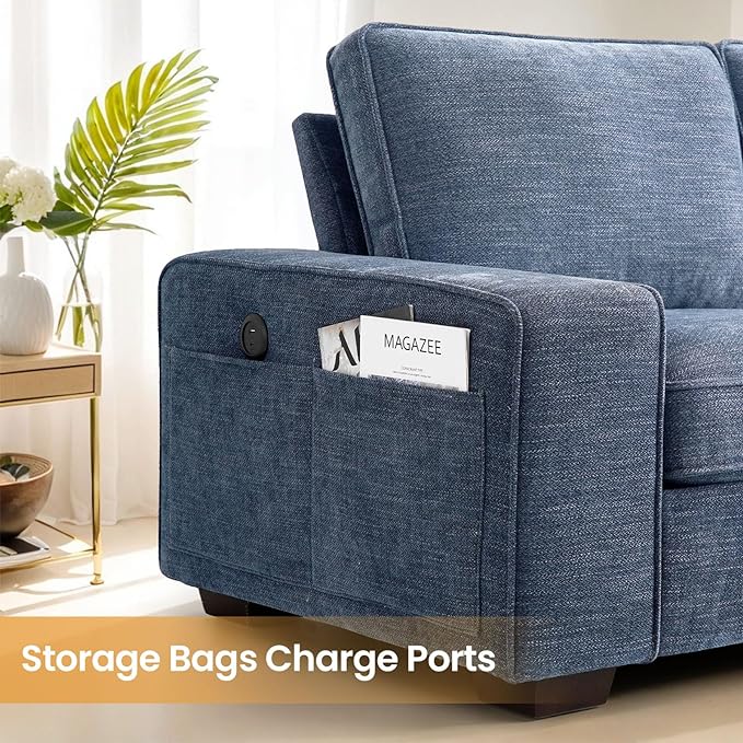 COHOME 100" L-Shaped Couch with Storage, Chenille Upholstered Deep Seat Couch for Living Room, Sofa with Reversible Chaise, Removable Covers, 3-Seater Apartment Sofa with Charge Ports,Light Blue - LeafyLoom