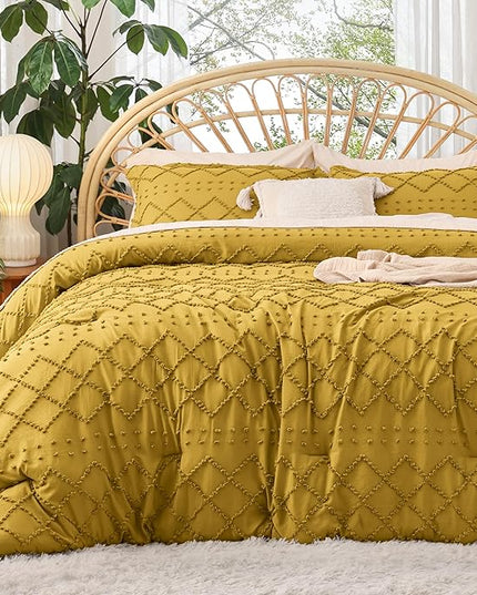 Bedsure King Size Comforter Set - Mustard Yellow Comforter, Boho Tufted Shabby Chic Bedding Comforter Set, 3 Pieces Farmhouse Bed Set for All Seasons, Fluffy Soft Bedding Set with 2 Pillow Shams - LeafyLoom
