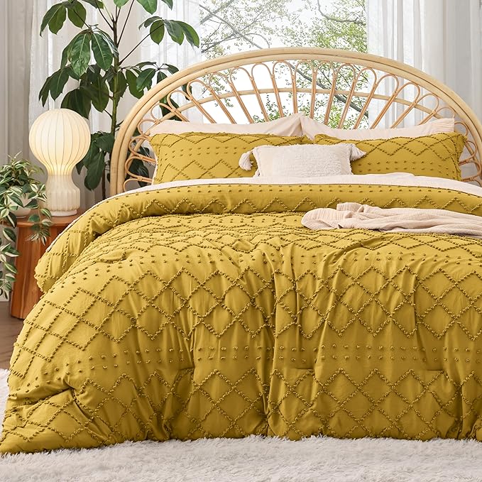 Bedsure King Size Comforter Set - Mustard Yellow Comforter, Boho Tufted Shabby Chic Bedding Comforter Set, 3 Pieces Farmhouse Bed Set for All Seasons, Fluffy Soft Bedding Set with 2 Pillow Shams - LeafyLoom