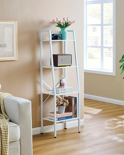Hoctieon Ladder Shelf Bookcase, 4-Tier Ladder Bookshelf, Tall Bookshelf with Metal Frame, Industrial Bookshelf Ladder, for Living Room, Kitchen, Home Office, Bedroom, Simple Assembly, White - LeafyLoom