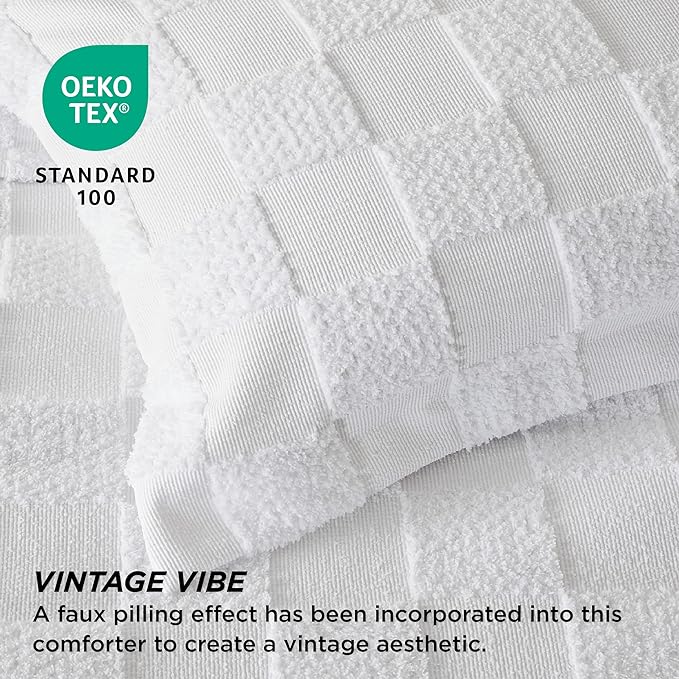 Bedsure King Size Comforter Set White, Boho Tufted Bedding Comforter Set, Checkered Farmhouse Shabby Chic Bed Set, 3 Pieces, 1 Plaid Geometric Comforter and 2 Pillow Shams - LeafyLoom