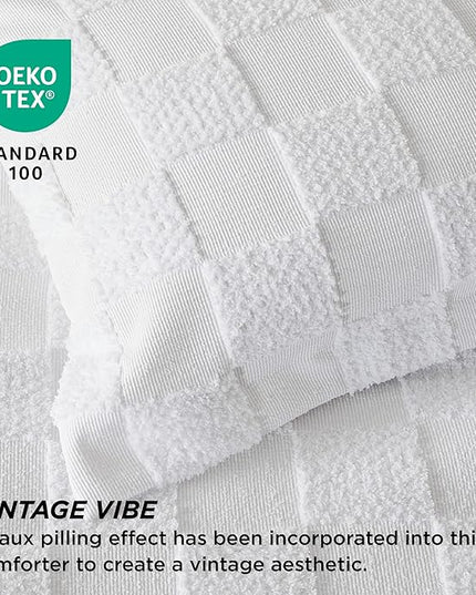 Bedsure Queen Size Comforter Set White, Boho Tufted Bedding Comforter Set, Checkered Farmhouse Shabby Chic Bed Set, 3 Pieces, 1 Plaid Geometric Comforter and 2 Pillow Shams - LeafyLoom