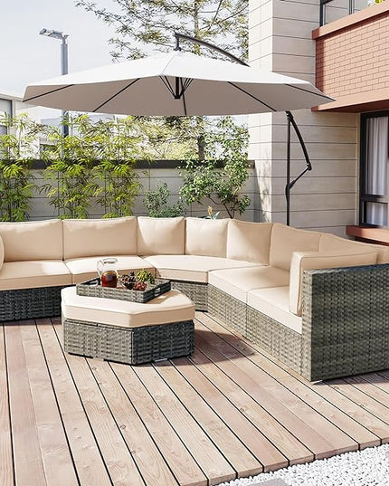 6 Piece Outdoor Patio Furniture Set Conversation Sofa, All Weather Wicker L shaped Sectional Couch with Ottoman, Small Trays and Removable Cushions, for Garden Backyard, Beige - LeafyLoom