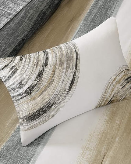 Madison Park Essentials King Comforter Set, Bed in a Bag King, Watercolor Print Coastal Comforter & Chambray Cotton Sheet Set, All Season Bedding Set, Saben, Taupe King (104 in x 92 in) 9 Piece - LeafyLoom