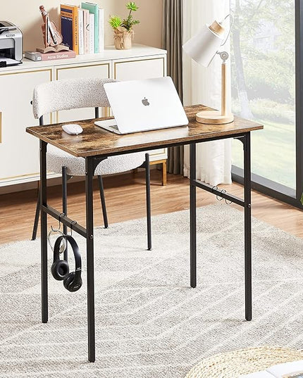 VECELO 32" Computer Writing Desk for Home Office, Study Table Workstation for Small Spaces with 4 Hooks & Adjustable Legs, Metal Frame,Brown, 32Inches - LeafyLoom