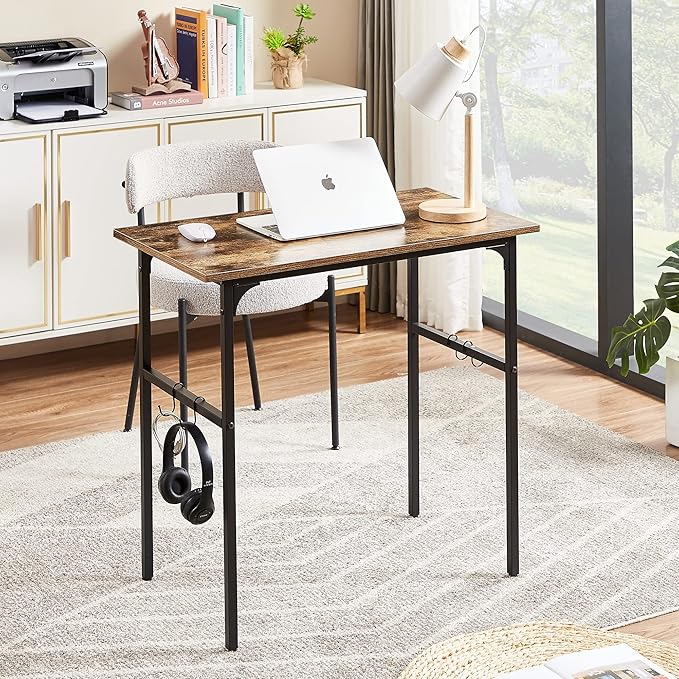 VECELO 32" Computer Writing Desk for Home Office, Study Table Workstation for Small Spaces with 4 Hooks & Adjustable Legs, Metal Frame,Brown, 32Inches - LeafyLoom