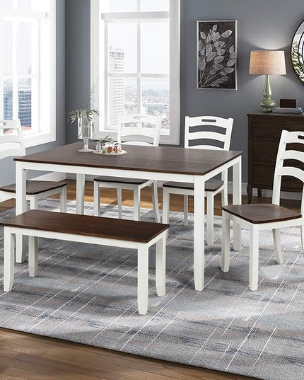 Modern Style 6 Piece Table 4 Chairs and Multifunctional Bench, Spacious Set, Long-Lasting Solid Rubber Wood, for Kitchen, Dining Room, Ivory - LeafyLoom