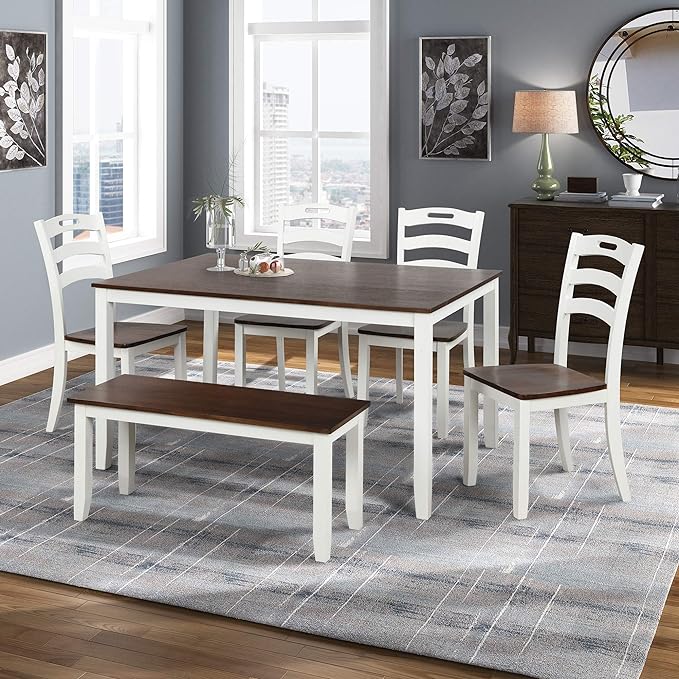 Modern Style 6 Piece Table 4 Chairs and Multifunctional Bench, Spacious Set, Long-Lasting Solid Rubber Wood, for Kitchen, Dining Room, Ivory - LeafyLoom