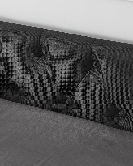 Queen Size Daybed with Two Storage Drawers, Linen Upholstered Tufted Sofa Bed w/Button on Back and Copper Nail on Waved Shape Arms, for Bedroom Living Room, No Box Spring Needed, Black - LeafyLoom