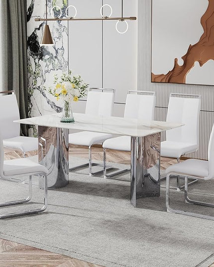 NicBex Modern Minimalist Dining Table White Imitation Marble Glass Sticker Desktop Stainless Steel Legs Stable and Beautiful Suitable for Living Room and Dining Room, White + Silver - LeafyLoom